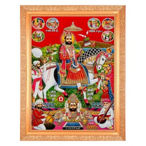 May include: A colorful framed print depicting a Hindu deity riding a white horse. The print features intricate details and vibrant colors, including red, yellow, green, and blue. The deity is adorned with jewels and a crown, and the horse is decorated with flowers. The print is surrounded by a gold frame.