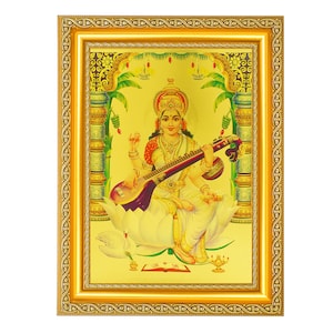 Saraswati Maa Beautiful Golden Foil Photo In Golden Frame (11.50 x 13.50 Inches)