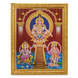 Ayyappa Swamy Ganesha Lord Murugan Beautiful Sparkle Print Elegant Photo In Golden Artwork Frame (11 X 13 Inches) OR (27.94 X 33.02 Cms)