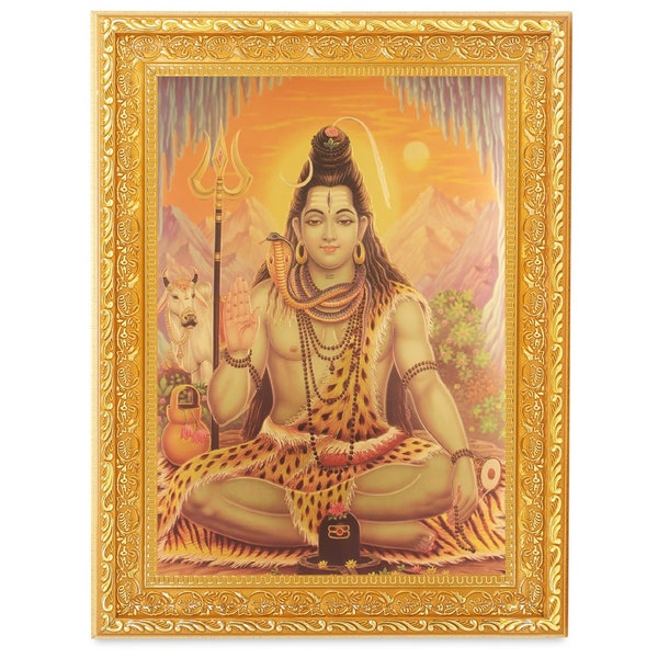 Shiv Bhagwan Beautiful Golden Foil/Zari Photo In ArtWork Golden Frame(11 x 14 Inch)OR(27.94 X 35.56 Cms)Best Housewarming Gift In 4 Designs