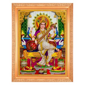 Saraswati Maa Silver/Golden Zari Art Work Photo In Golden Frame (11 X 13 Inches) OR (27.94 X 33.02 Cms) Available In 3 Designs