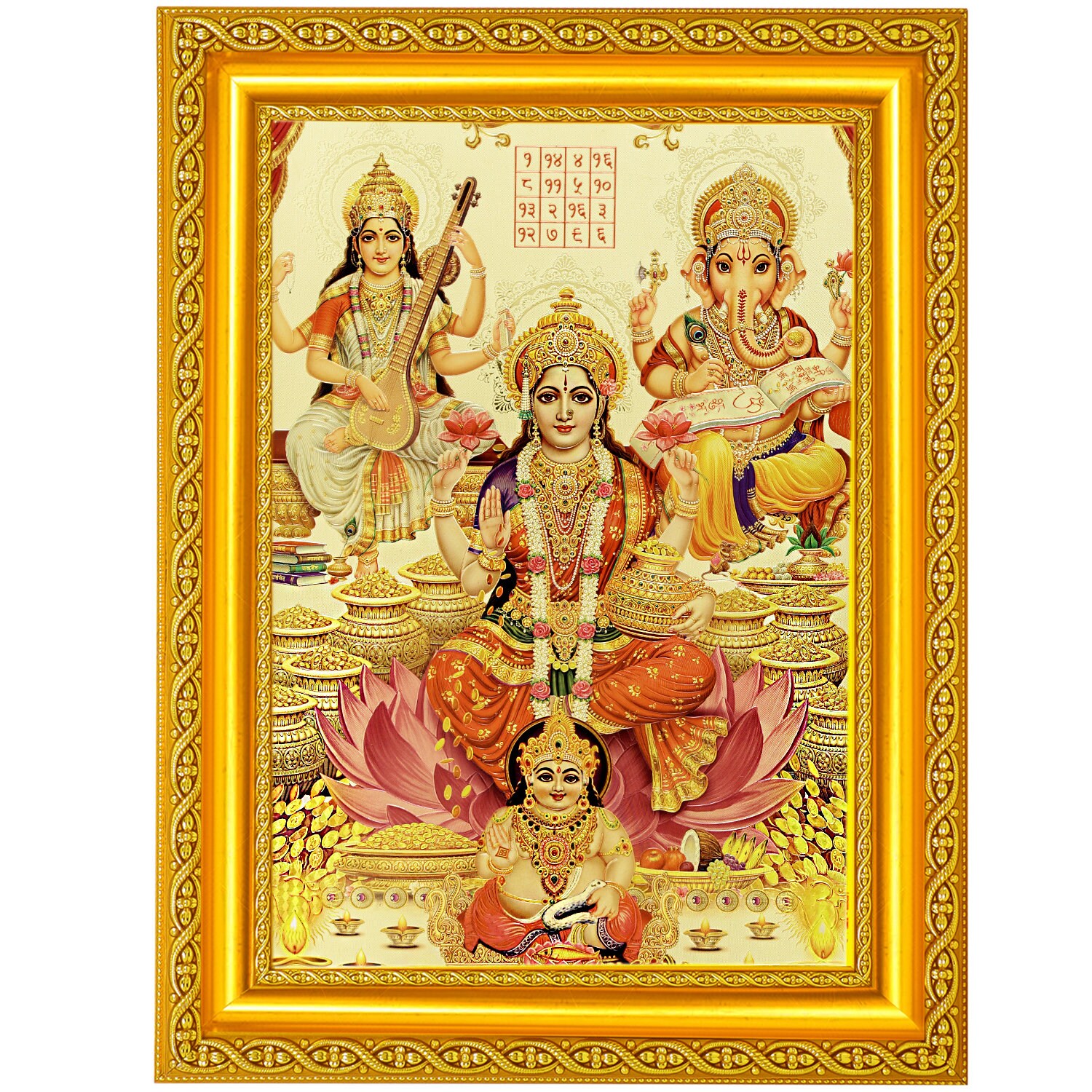 ラクシュミ、サラスワティ、ガネーシャ、クベールの金箔写真（金枠入り