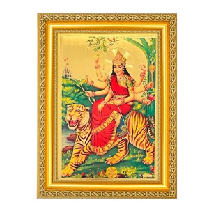 Sherawali Maa Durga Wunderschönes Goldfolienfoto im goldenen Rahmen (11,50 x 13,50 Zoll), erhältlich in 2 Rahmendesigns