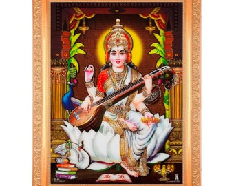 Maa Saraswati, oeuvre d&#39;art photo en 5 dimensions (avec effet 5D) dans un cadre doré, grand (35 x 40 cm)