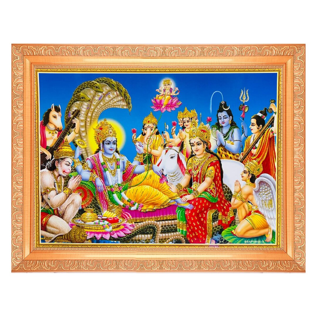 Vishnu Bhagwan With Lakshmi Maa Beautiful Golden Foil Photo in Artwork ...