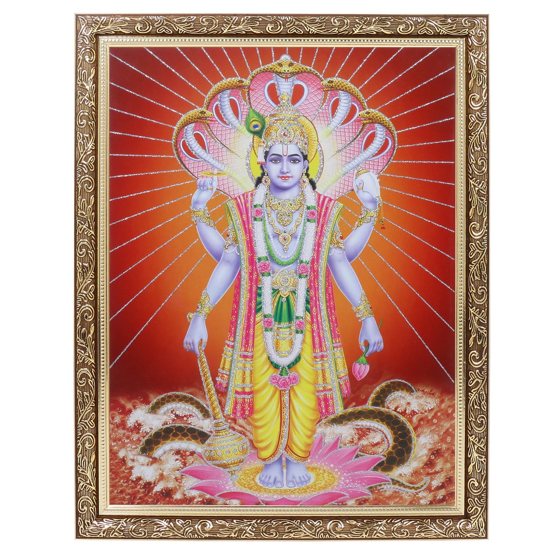 Vishnu Bhagwan Painting Print Silver Zari Artwork Photo in Copper Gold ...