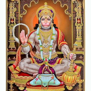 Hanuman Ashirswad Golden Zari Art Work Poster Without Frame (24 X 36 Inches)