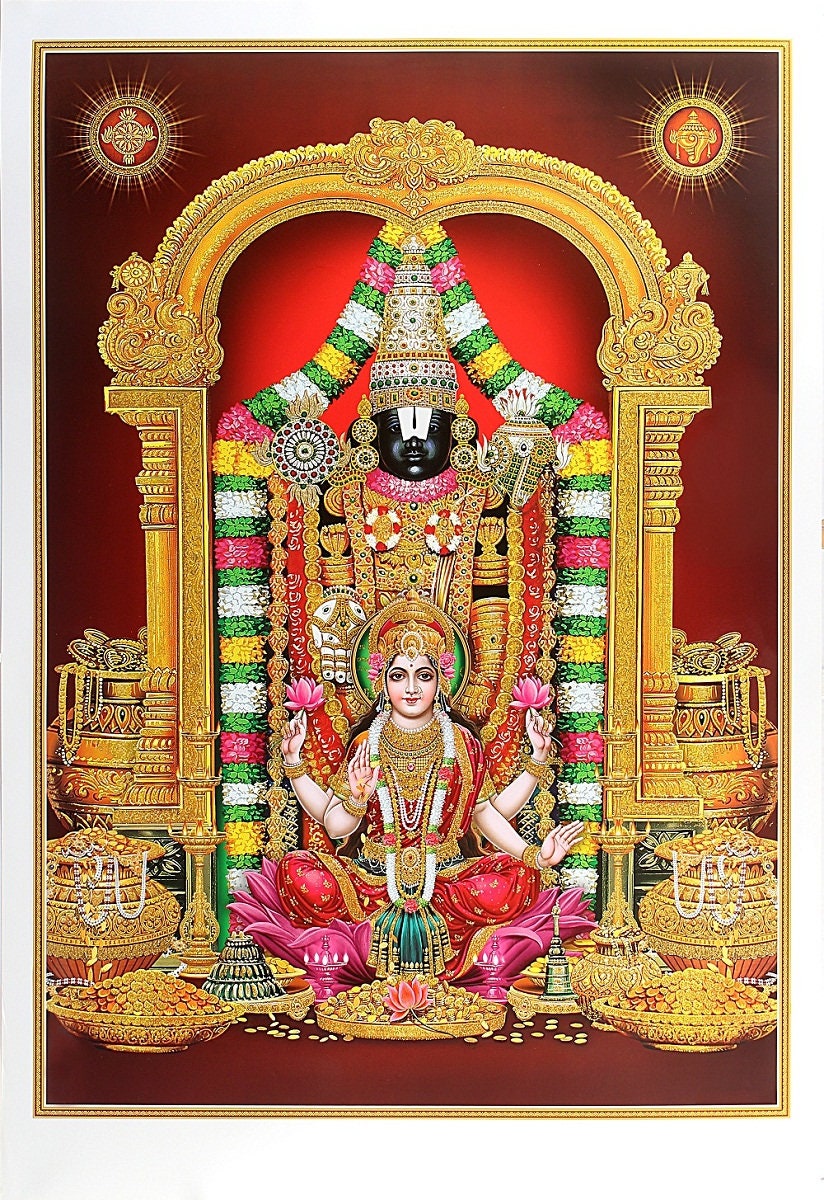Tirupati Balaji With Maa Lakshmi Golden Zari Art Work Poster Without Frame (24 X 36 Inches)