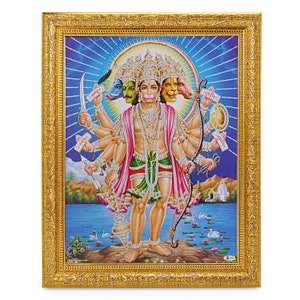 Panchmukhi Hanuman Silver Zari Art Work Photo In Golden Frame (11 X 13 Inches) OR (27.94 X 33.02 Cms) {{ Available In 2 Designs}}