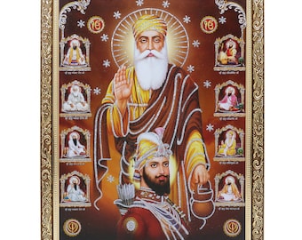 Sikh 10 Gurus Silver Zari Artwork Photo In Copper Gold Artwork Frame Big (14 X 18 Inches)