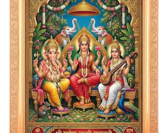 Lakshmi Saraswati Ganesh Photo in Golden Zari Frame (11 x 14 Inches)