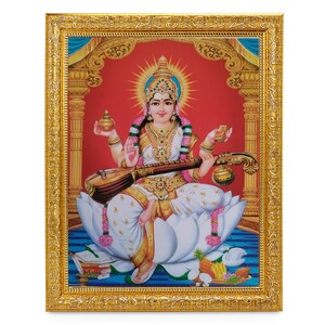 Maa Saraswati Sparkle  Art Work Photo In Golden Frame (11 X 13 Inches) OR (27.94 X 33.02 Cms)