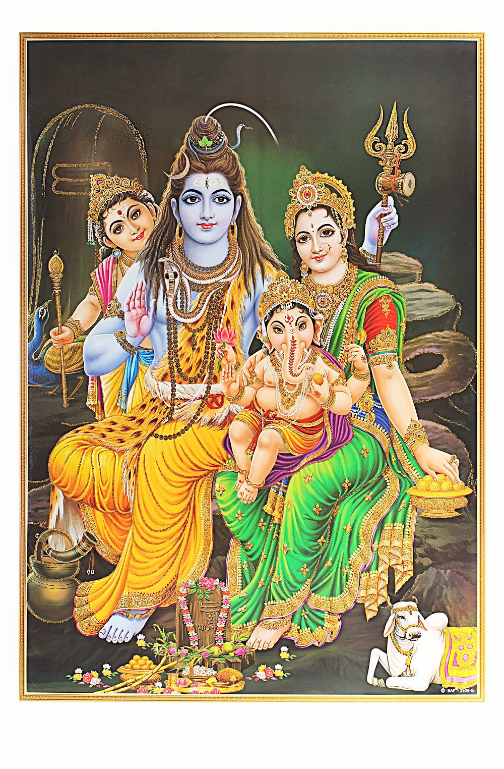 Shiv Pariwar With Golden Art Zari Work Poster Without Frame (25 X