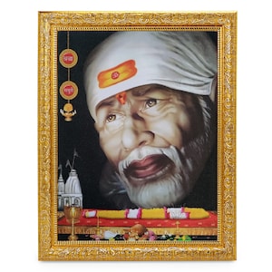 Shirdi Sai Baba Mukh Darshan Beautiful Sparkle Print Elegant Photo In Golden Artwork Frame (11 X 13 Inches)