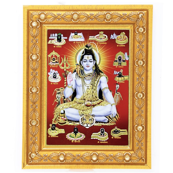 Shiv-Ji With 12 Jyotirlingas Golden Art Work Colour Photo In Golden Wall Hanging-/-TableTop Frame(7.50 X 9.50 Inch)OR(19.05 X 24.13 Cm)