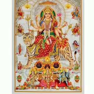 BEST SELLER Nav Durga Golden Zari Art Work Poster Without Frame (25 X 36 Inches){{Available In 3 Designs)