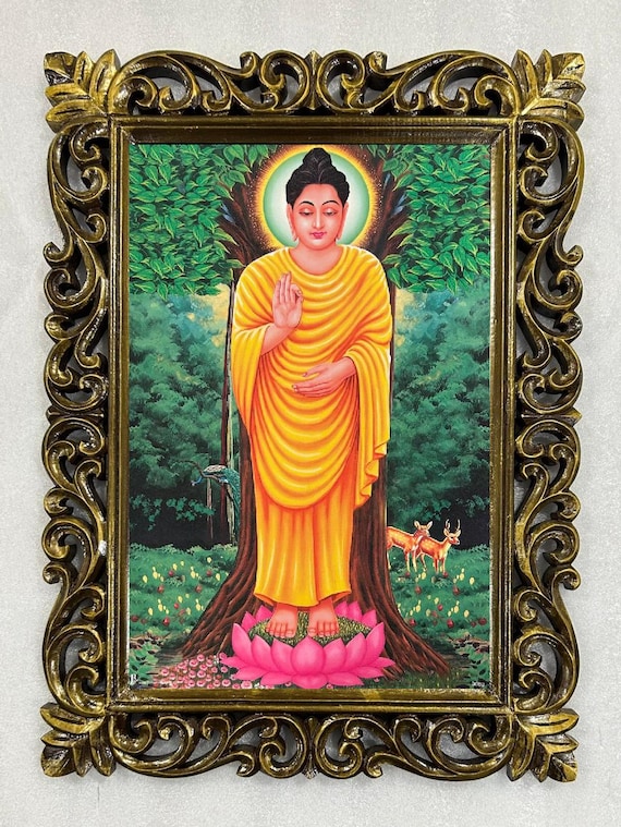 Framed Lord Buddha Print, Hand-carved Wood, Duco Finish (23x17