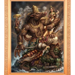 Könnte beinhalten: Ein gerahmtes Kunstwerk, das eine Gottheit mit einem Eberkopf zeigt, die mit Goldschmuck geschmückt ist und eine Keule hält. Eine weibliche Figur sitzt in der Nähe. Das Kunstwerk ist vor einem Hintergrund aus Wolken und Wasser mit einem goldenen Rahmen.