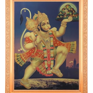 Hanuman Carrying Sanjeevani Parvat Wall Frame, Hindu God Wall Art, Religious Gift for Temple or Pooja Room, Gold Artwork Frame(14 X 18 Inch)