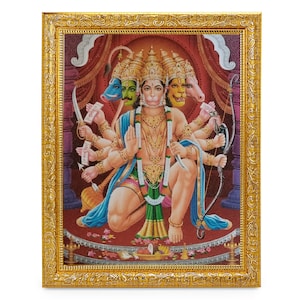 Panchmukhi Hanuman Wunderschöner Glanzdruck Elegantes Foto Im Goldenen Kunstwerkrahmen (11 X 13 Zoll) ODER (27,94 X 33,02 cm)