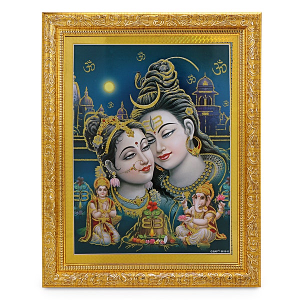 Shiv parivar Golden Zari Art Work Photo In Golden Frame (11 X 13 Inches) OR (27.94 X 33.02 Cms)