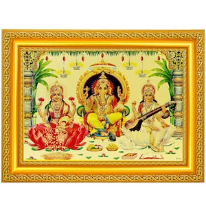 Shree Ganesha-Lakshmi-Saraswati Beautiful Golden Foil Photo In Golden Frame (11.50 x 13.50 Inches)