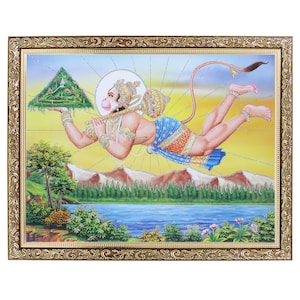 Hanuman-Ji  With Parvat Silver Zari Artwork Photo In Copper Gold Artwork Frame Big (14 X 18 Inches)