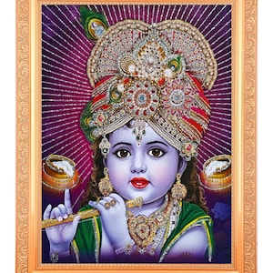 Bal Krishna Golden Zari Art Work/Digital Print Photo In Golden Frame (11 x 14 Inch) OR (27.94 X 35.56 Cm) Available In 2 Designs