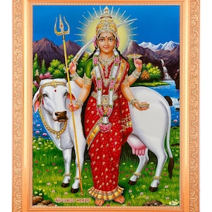 Gatrad Devi Maa Silver Zari Art Work Photo In Golden Frame Big (14 X 18 Inches)