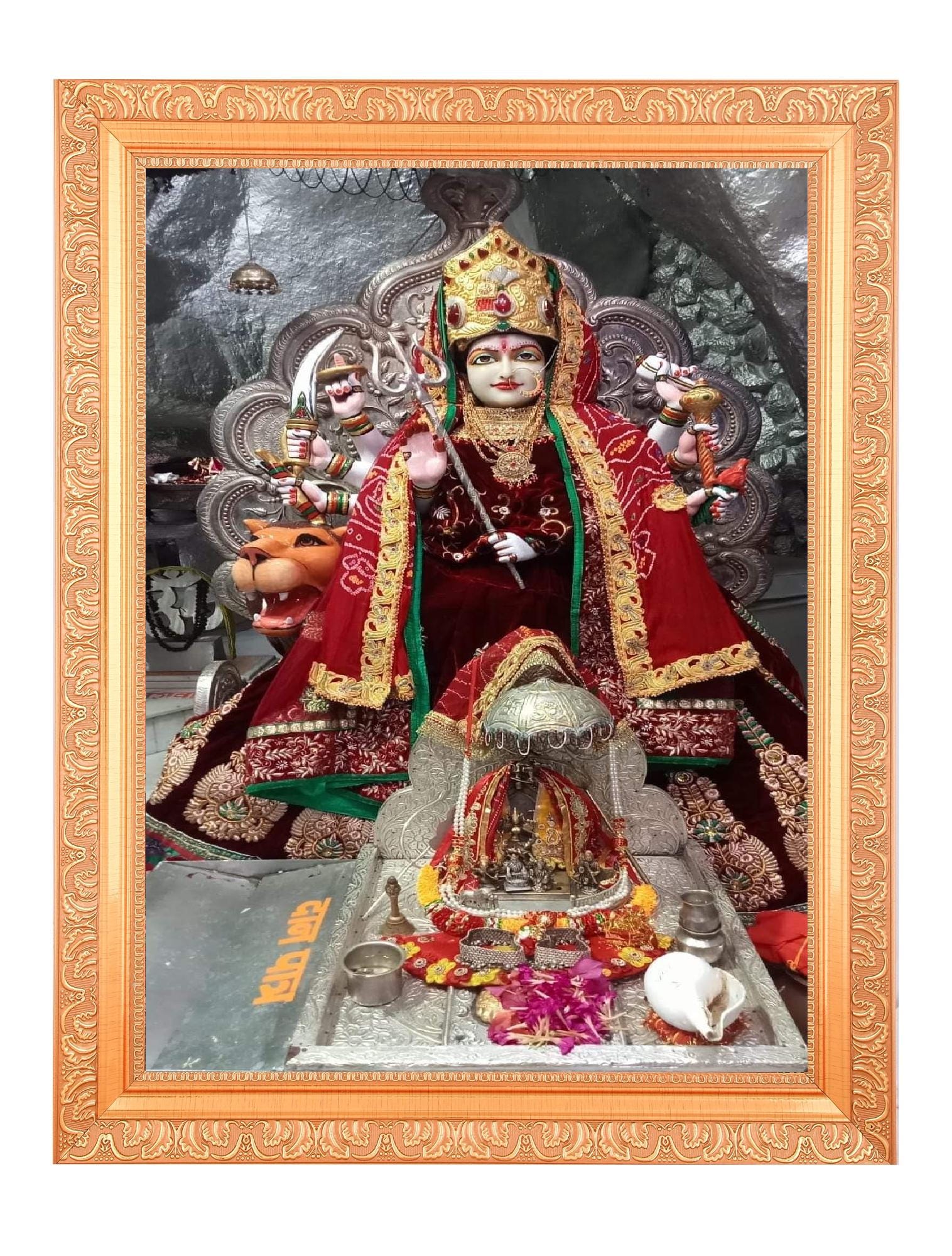 女神ドゥルガー・ヴァイシュノー・デーヴの額入りプリント、宗教的な壁