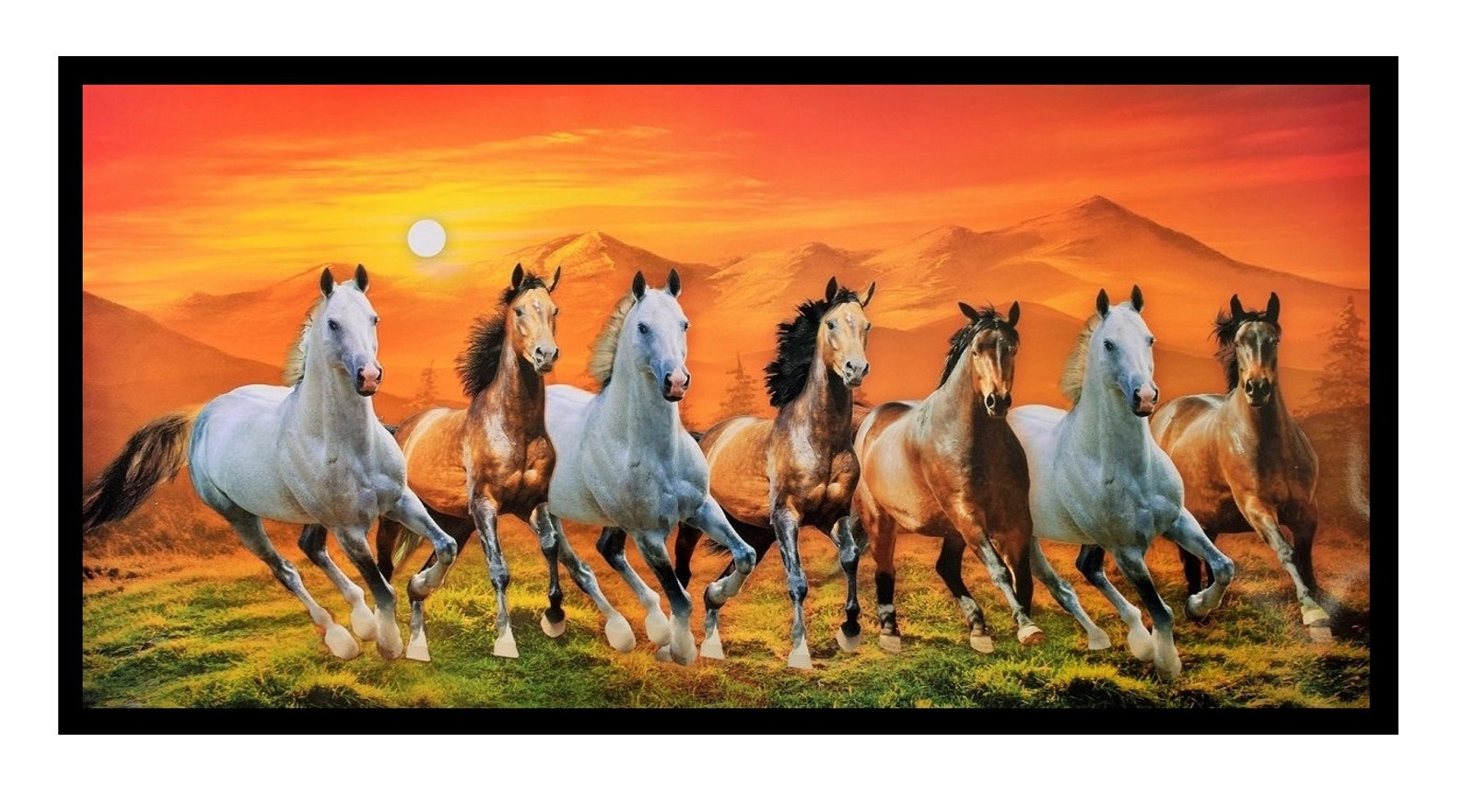Beautiful 7 Running Horses With Vastu Sunrise Painting Sparkle Print