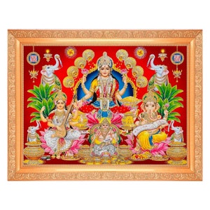 Lakshmi Saraswati Ganesha Silver/Golden Zari Work Photo In Golden Frame Big (14 X 18 Inches) Religious Wall Deco{{ Available In 3 Designs}}