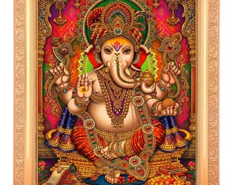 Jai Ganesh Golden Zari Art/Digital Photo in Ornate Golden Frame (11x14 Inches)