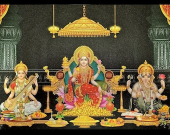 Póster adhesivo de pared con estampado brillante de Lakshmi Saraswati Ganesh sin marco (20 x 28 pulgadas)