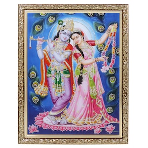 Radha Krishna Elegant Silver Zari Artwork Photo In Copper Gold Artwork Frame Big (14 X 18 Inches)