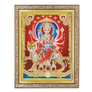 Durga Maa Silver Zari Art Work Photo In Golden Frame (11 X 13 Inches) OR (27.94 X 33.02 Cms){{ Available in 2 Designs}}