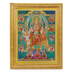 Nav Durga Golden Zari Art Work Photo In Golden Frame (11 X 13 Inches) OR (27.94 X 33.02 Cms)