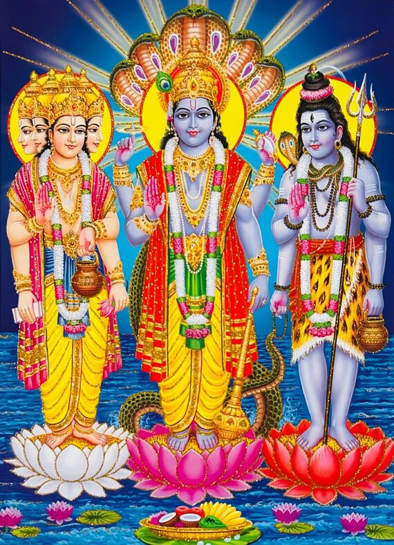 シヴァ、ヴィシュヌ、ブラフマーのアート写真（金枠入り、14x18インチ