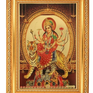 Durga Maa Beautiful Golden Foil Photo In Golden Frame (11.50 x 13.50 Inches)