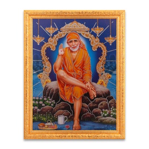 Shirdi Sai Baba Silver Zari Art Work Photo In Golden Frame Big (14 X 18 Inches) {{2 Designs Available}}