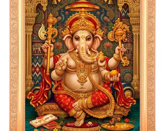 Ganesha Silver Zari/Digital Print in  Gold Artwork Frame (11 X 14 Inches)