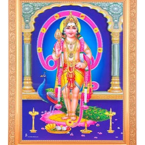 5D Lord Murugan Wall Poster | Subramanya Swamy Mandir Decor | Tamil God Wall Art | Hindu Devotional Gift In Golden Frame (14 X 18 Inch)