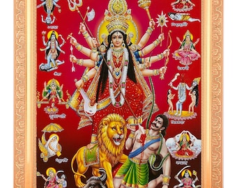 Durga Mata Zari Art Work Photo In Golden Frame Big (14 X 18 Inches) Religious Wall Hanging