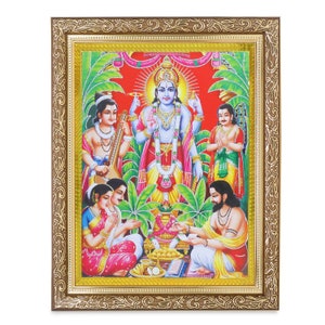 Satyanarayana Swamy Silver Zari Art Work Photo In Golden Frame (11 X 13 Inches) OR (27.94 X 33.02 Cms) {{Available In 2 Designs}}
