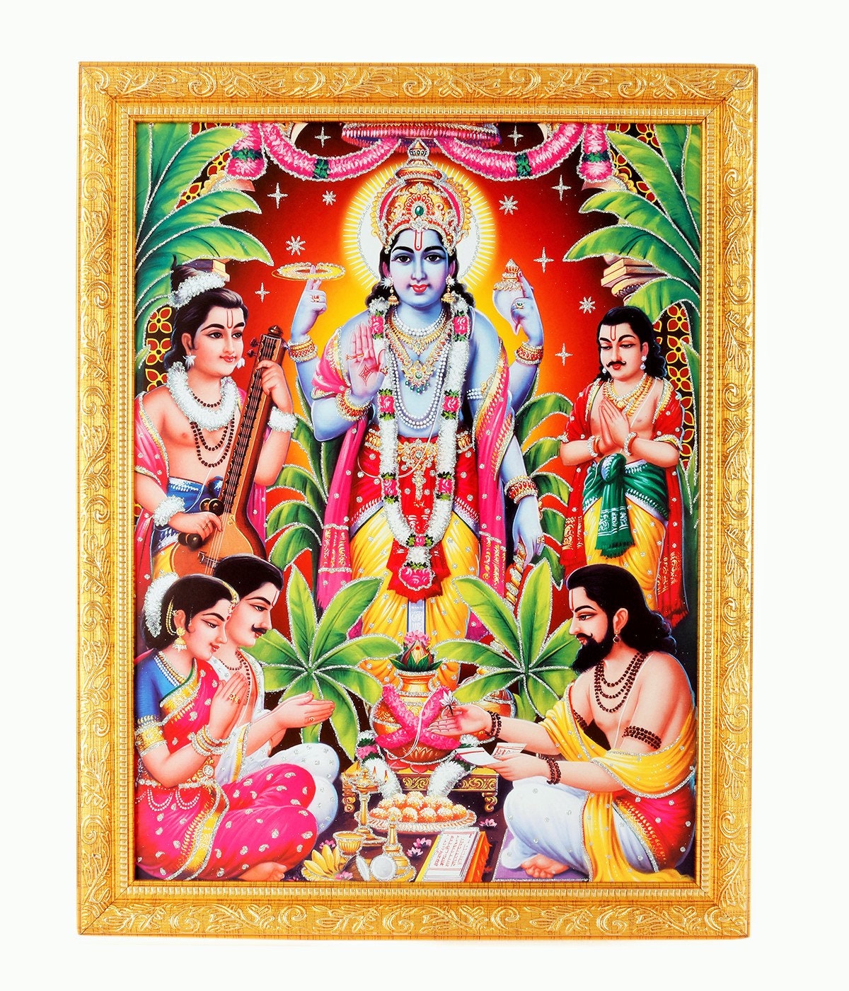 Buy Satyanarayana Swamy Silver Zari Art Work Photo in Golden Frame ...