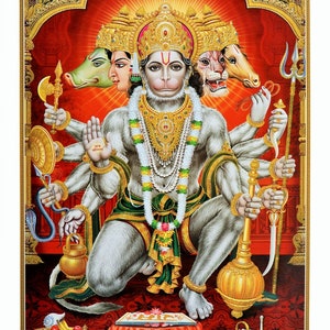 BEST SELLER Panchmukhi Hanuman Golden Zari Art Work Poster Without Frame (24 X 36 Inches)