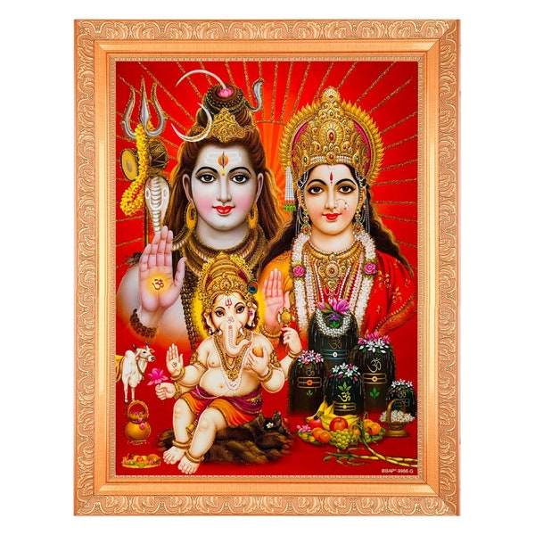 Shivji Parvati Maa Ganesh Beautiful Zari Photo In Art Work Golden Frame (11 x 14 Inches)OR (27.94 X 35.56 Cms) Available In 2 Designs