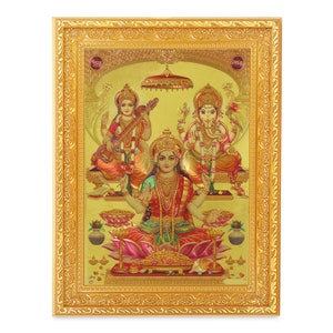 Lakshmi Saraswati Ganesha Beautiful Golden Foil Photo In Art Work Golden Frame (11 x 14 Inches)OR (27.94 X 35.56 Cms) Best Housewarming Gift