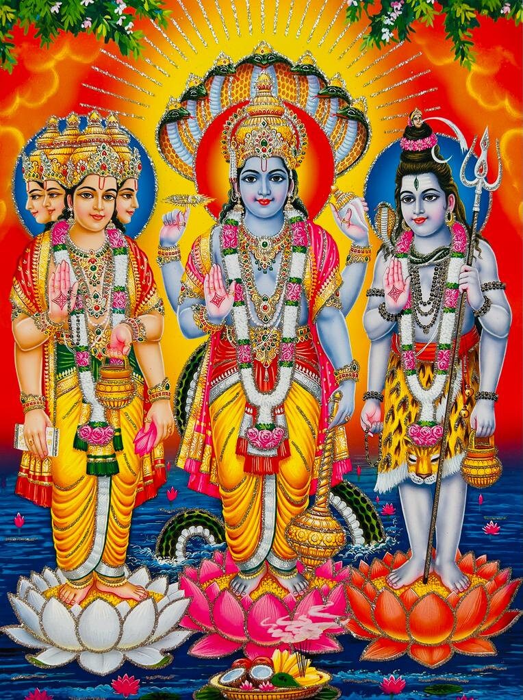 シヴァ、ヴィシュヌ、ブラフマーのアート写真（金枠入り、14x18インチ