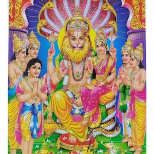 Lord Narasimha With Lakshmi Maa Golden Zari Art Work Poster Without Frame (24 X 36 Inches)